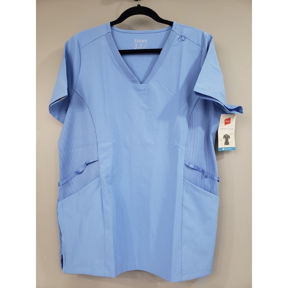 Hanes Women Healthcare Top Moisture-Wicking Ribbed Side Scrub Shirt Ceil Blue